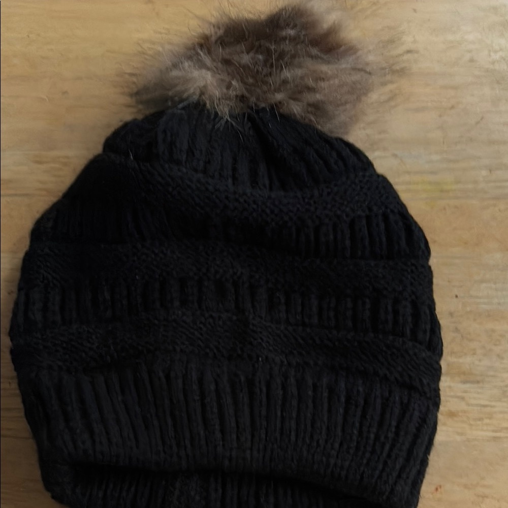 Black Knit Beanie with Faux Fur Pom